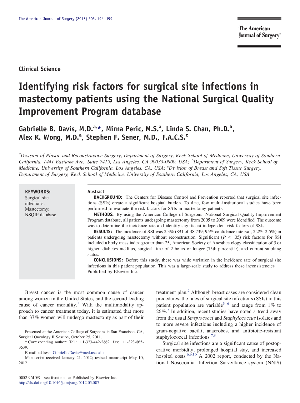 عکس صفحه اول مقاله: Identifying risk factors for surgical site infections in mastectomy patients using the National Surgical Quality Improvement Program database Identifying risk factors for surgical site infections in mastectomy patients using the National Surgical Quality Improvement Program database