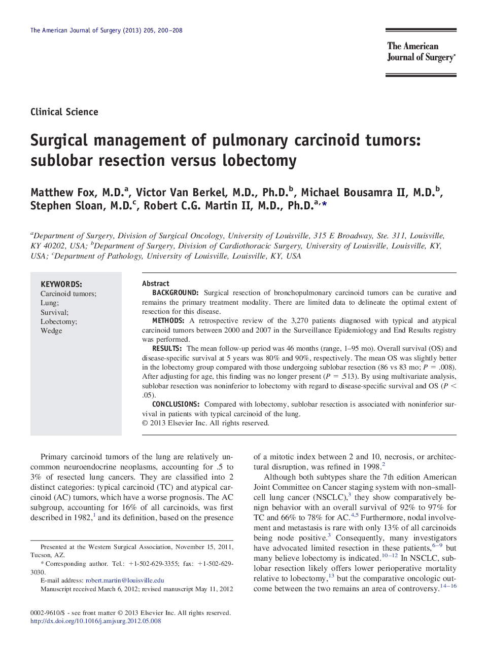 Surgical management of pulmonary carcinoid tumors: sublobar resection versus lobectomy