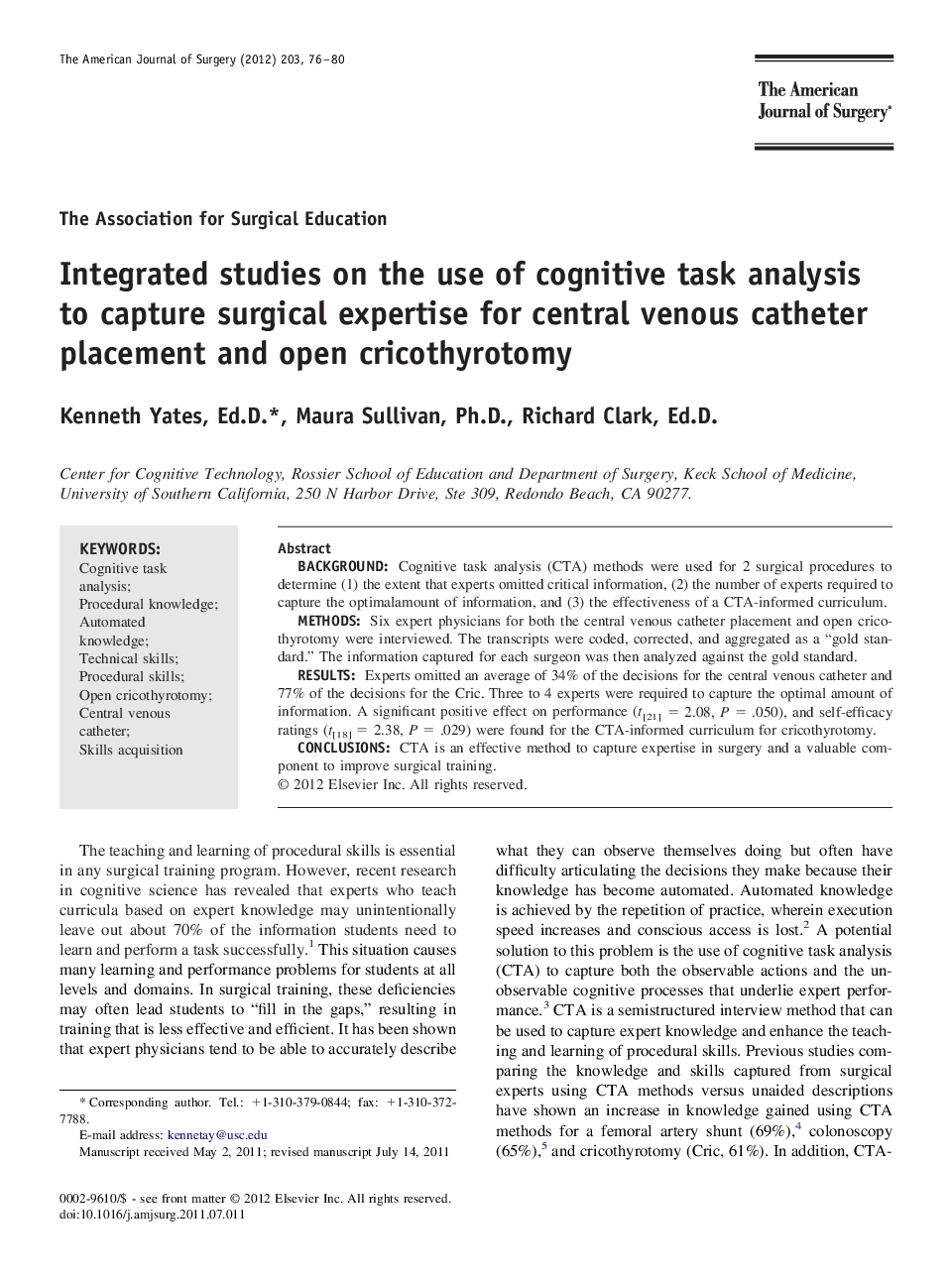 Integrated studies on the use of cognitive task analysis to capture surgical expertise for central venous catheter placement and open cricothyrotomy