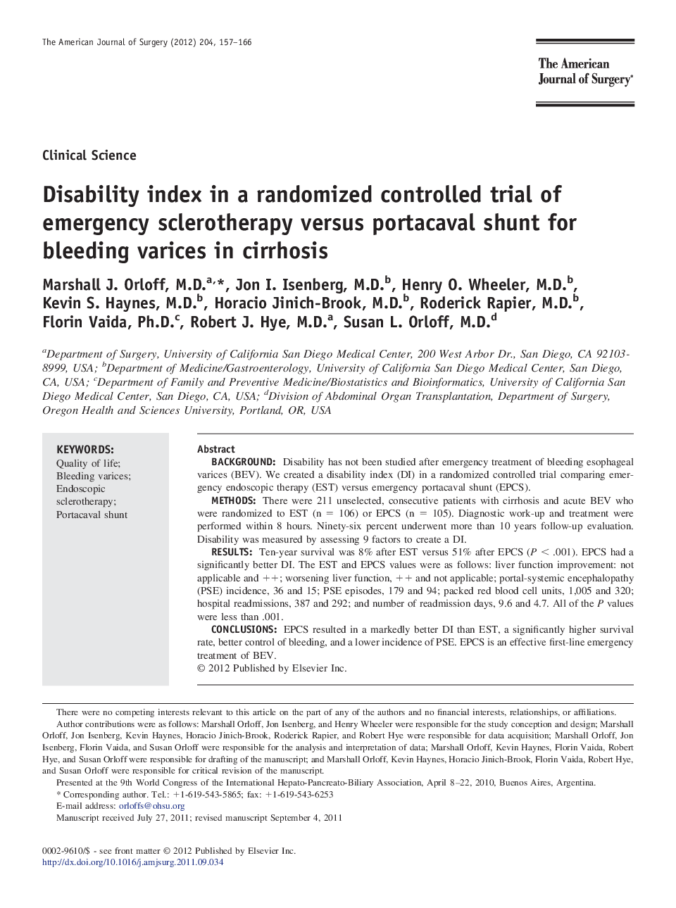 Disability index in a randomized controlled trial of emergency sclerotherapy versus portacaval shunt for bleeding varices in cirrhosis 