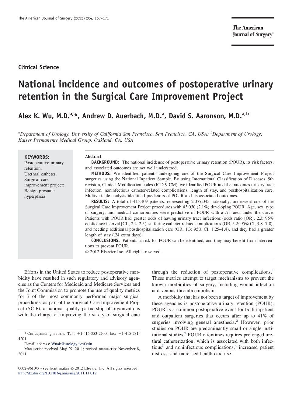 National incidence and outcomes of postoperative urinary retention in the Surgical Care Improvement Project