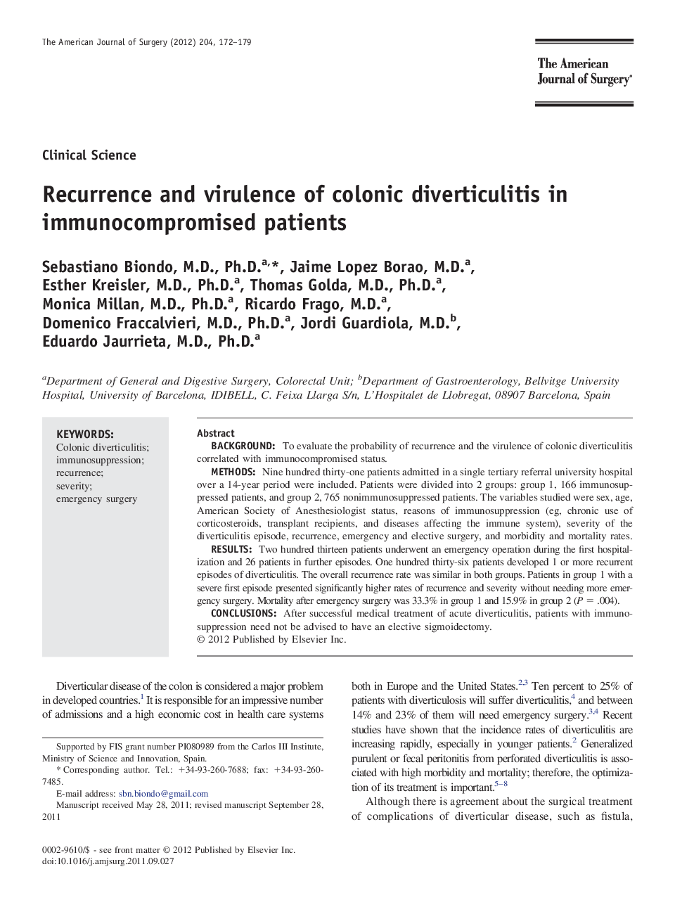 Recurrence and virulence of colonic diverticulitis in immunocompromised patients 
