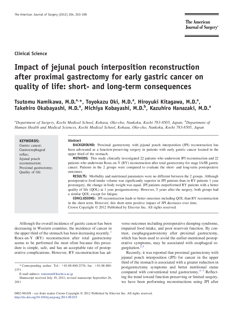 Impact of jejunal pouch interposition reconstruction after proximal gastrectomy for early gastric cancer on quality of life: short- and long-term consequences