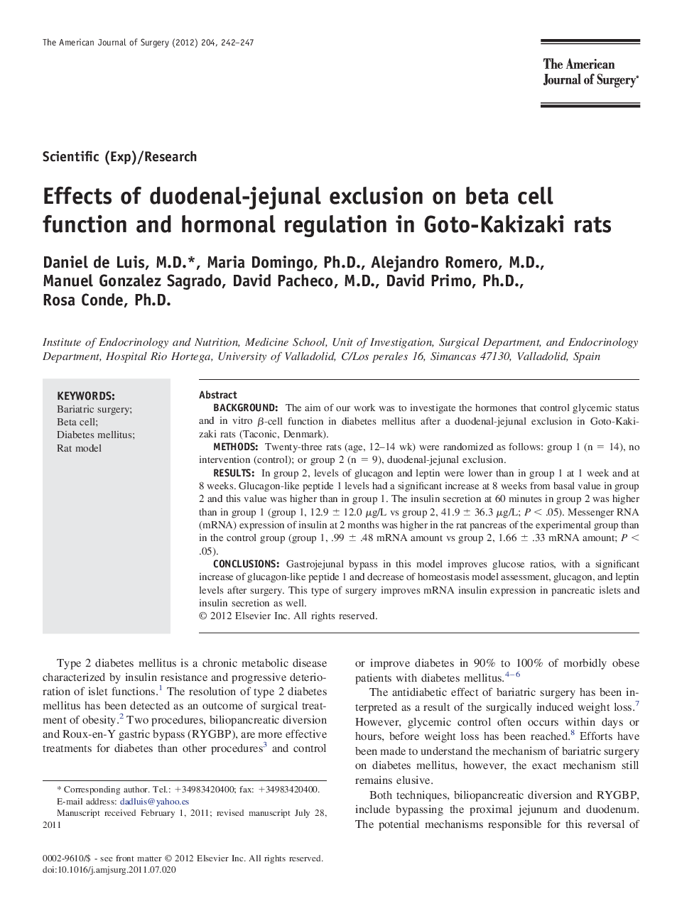Effects of duodenal-jejunal exclusion on beta cell function and hormonal regulation in Goto-Kakizaki rats
