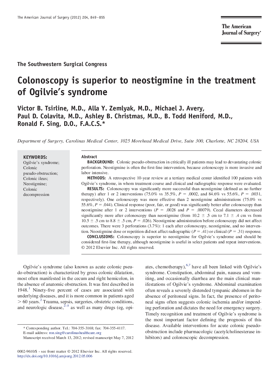 Colonoscopy is superior to neostigmine in the treatment of Ogilvie's syndrome