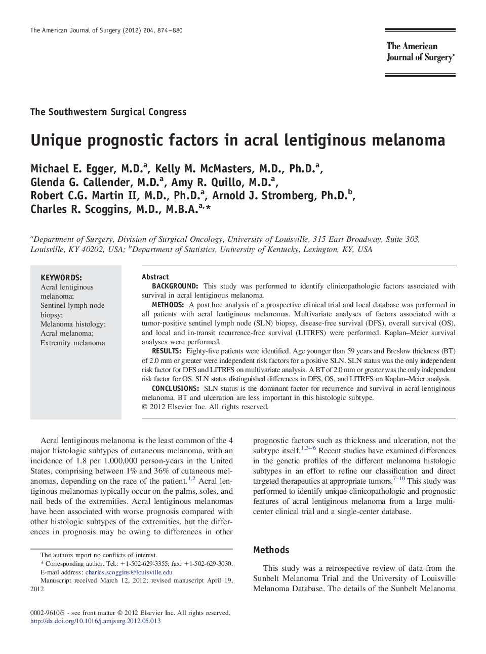 Unique prognostic factors in acral lentiginous melanoma 