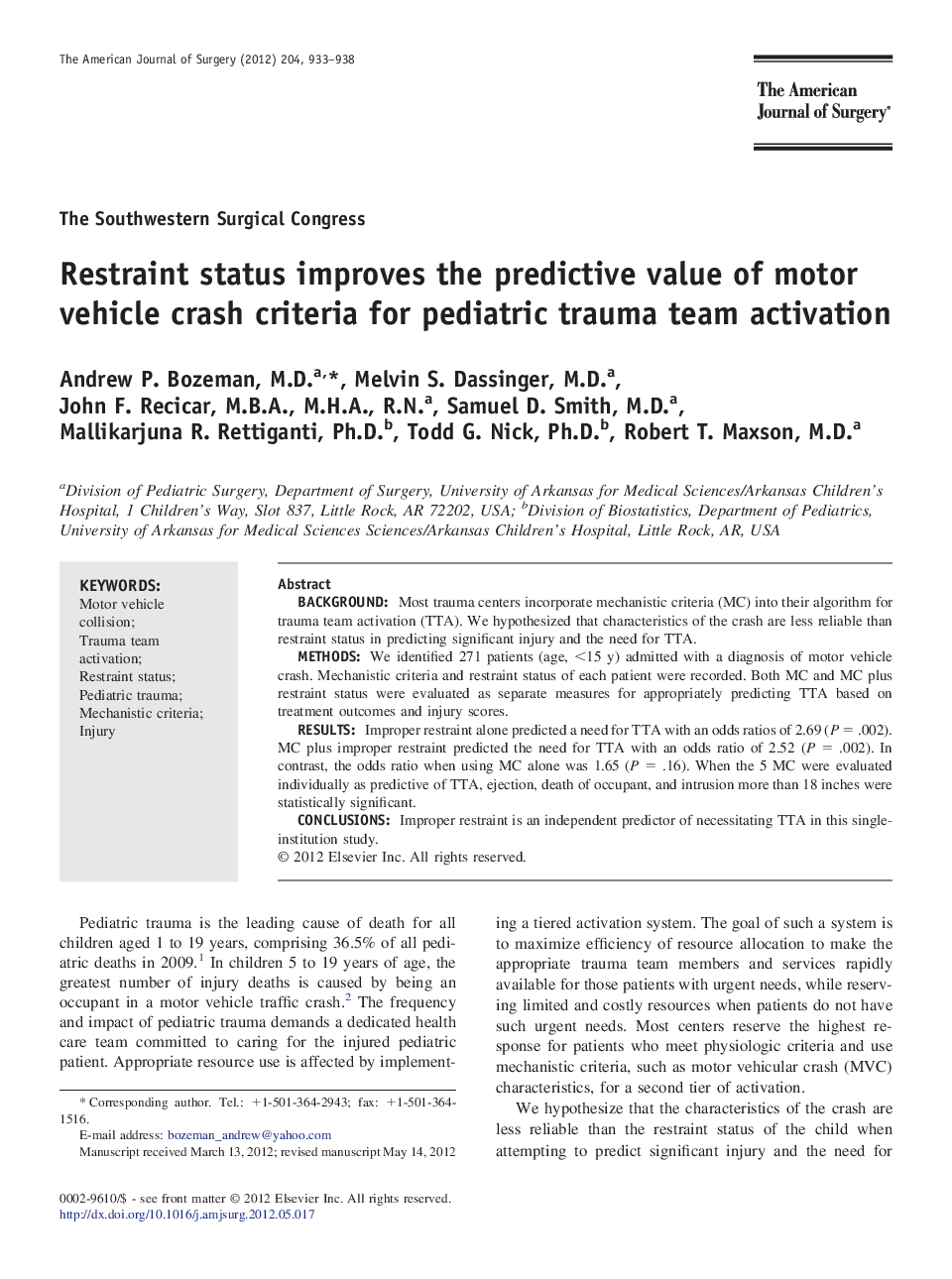 Restraint status improves the predictive value of motor vehicle crash criteria for pediatric trauma team activation