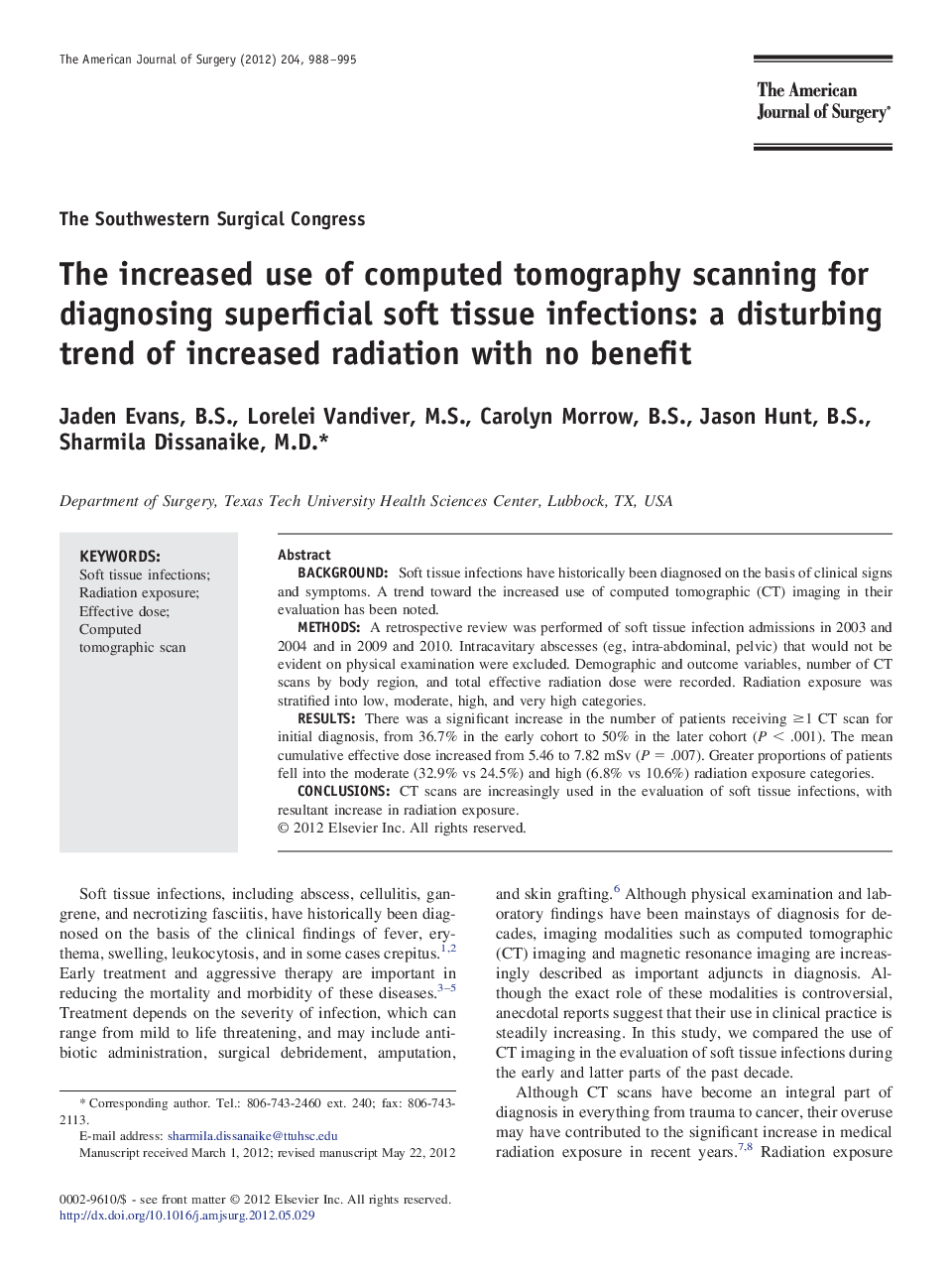 The increased use of computed tomography scanning for diagnosing superficial soft tissue infections: a disturbing trend of increased radiation with no benefit