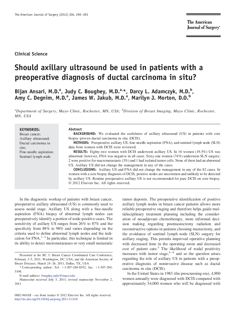 Should axillary ultrasound be used in patients with a preoperative diagnosis of ductal carcinoma in situ?