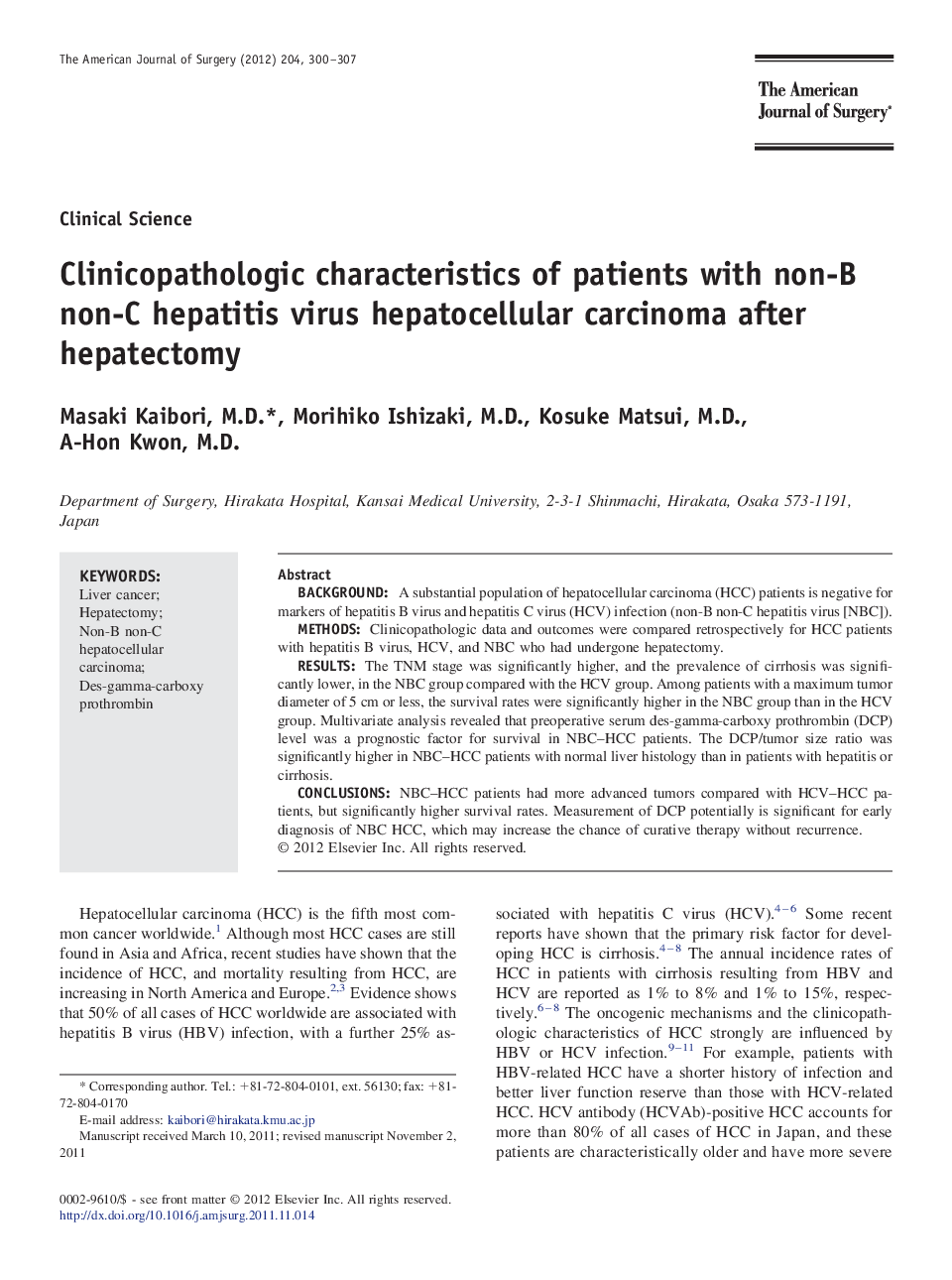 Clinicopathologic characteristics of patients with non-B non-C hepatitis virus hepatocellular carcinoma after hepatectomy