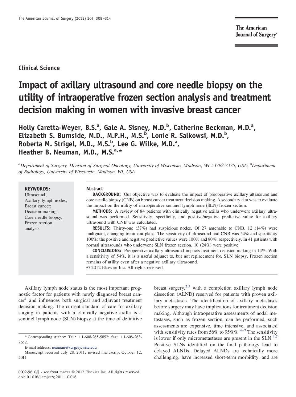 Impact of axillary ultrasound and core needle biopsy on the utility of intraoperative frozen section analysis and treatment decision making in women with invasive breast cancer