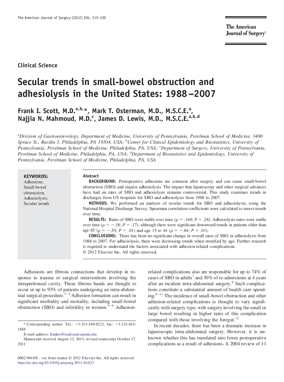 Secular trends in small-bowel obstruction and adhesiolysis in the United States: 1988–2007
