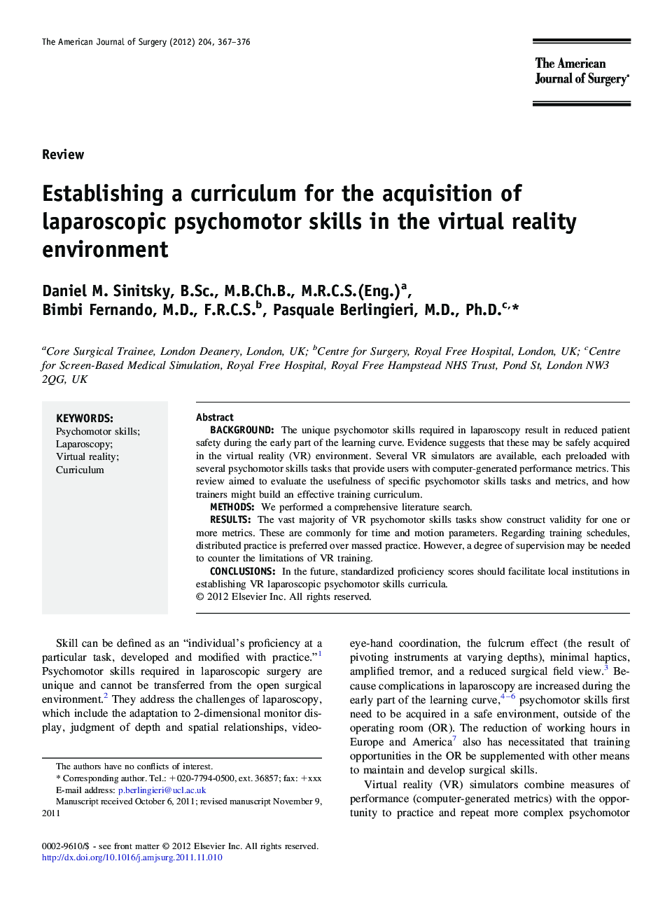 Establishing a curriculum for the acquisition of laparoscopic psychomotor skills in the virtual reality environment