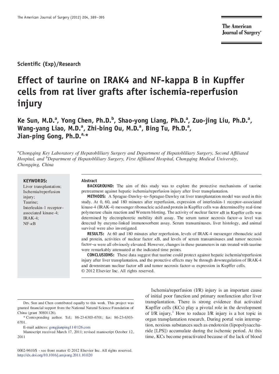 Effect of taurine on IRAK4 and NF-kappa B in Kupffer cells from rat liver grafts after ischemia-reperfusion injury 