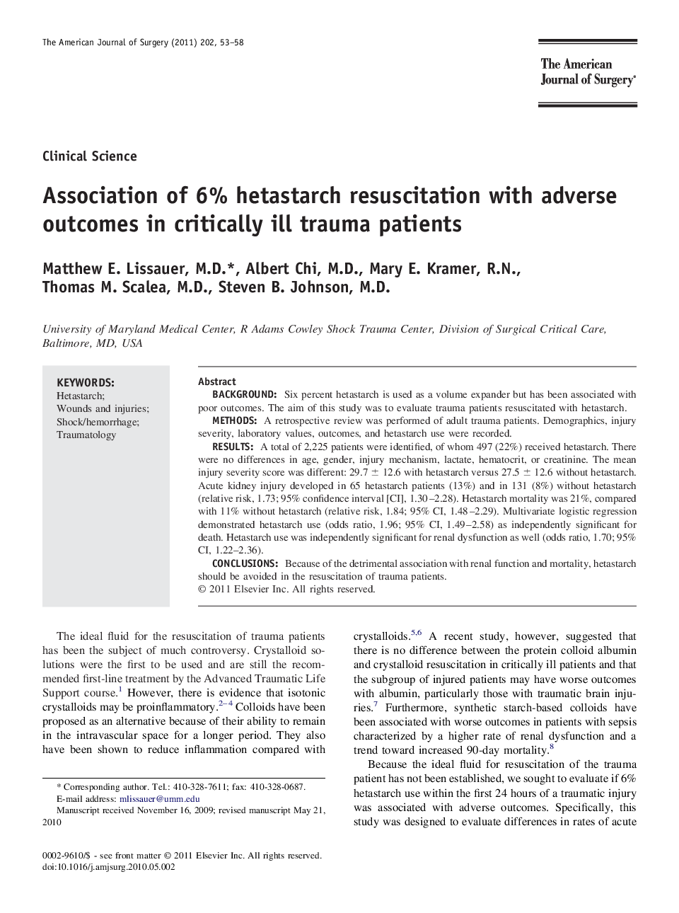 Association of 6% hetastarch resuscitation with adverse outcomes in critically ill trauma patients