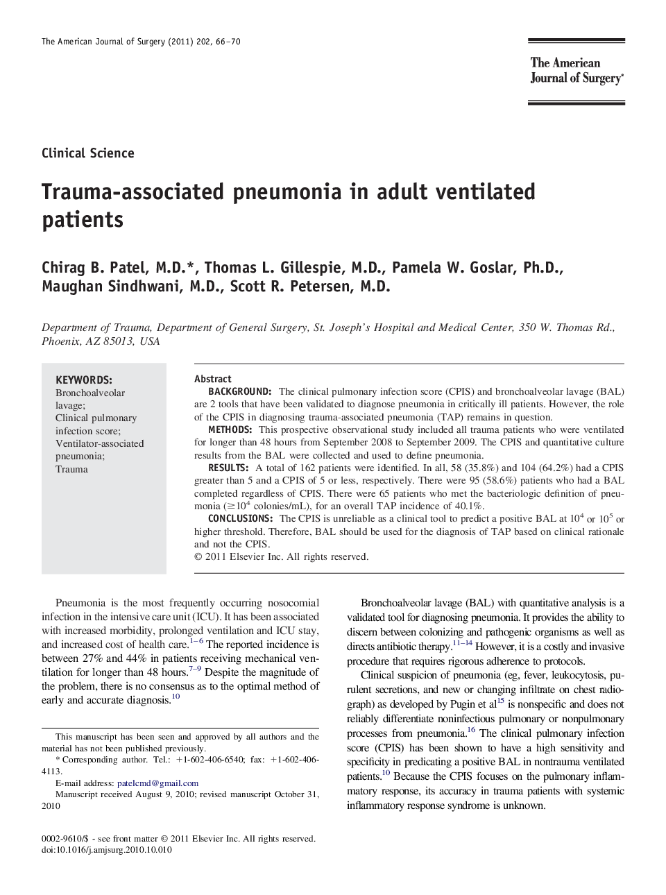 Trauma-associated pneumonia in adult ventilated patients 