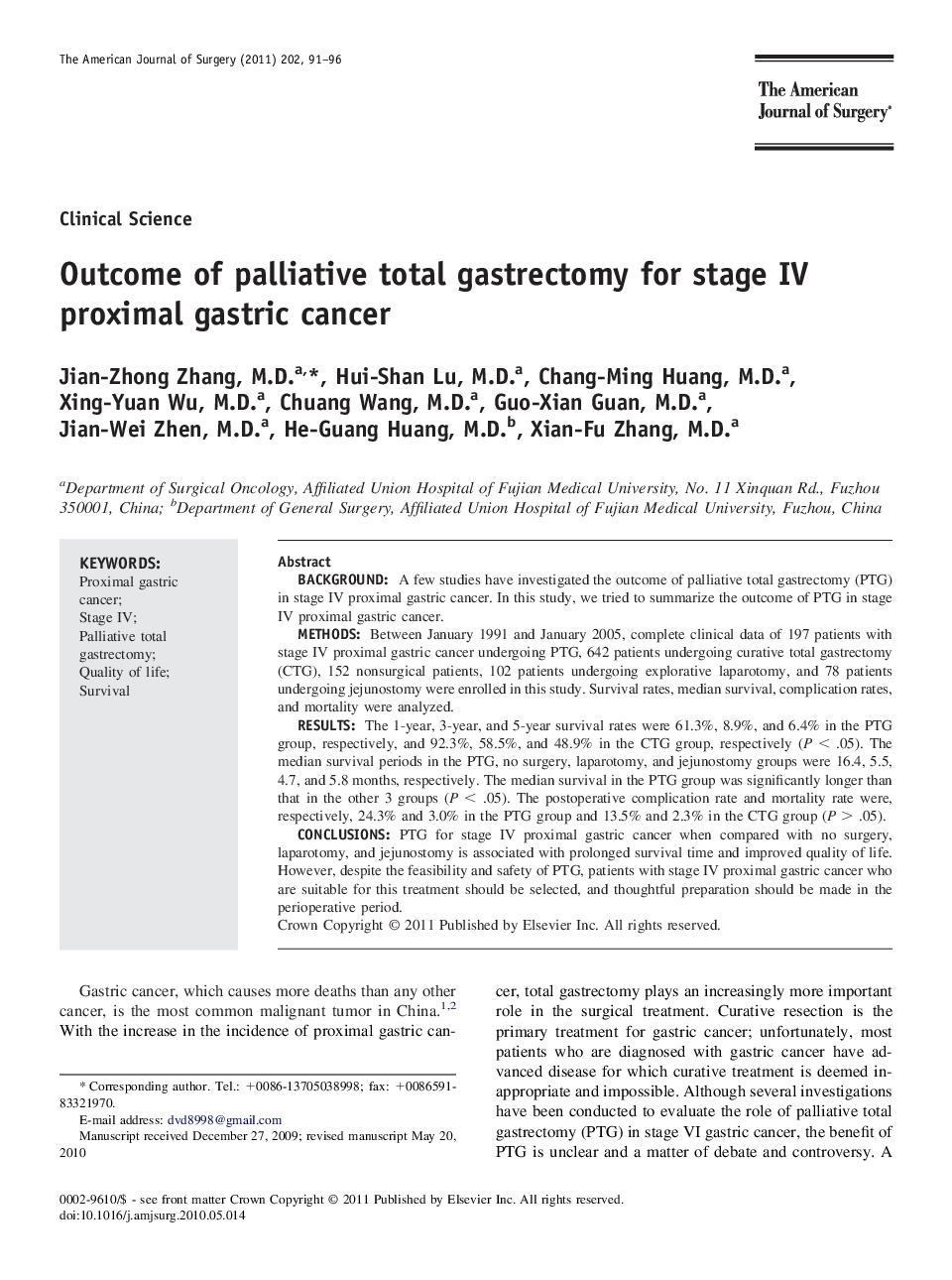 Outcome of palliative total gastrectomy for stage IV proximal gastric cancer