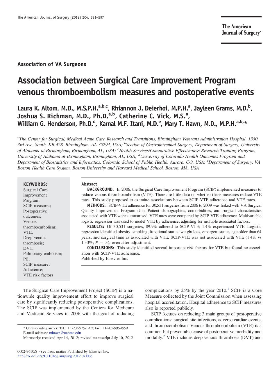 Association between Surgical Care Improvement Program venous thromboembolism measures and postoperative events
