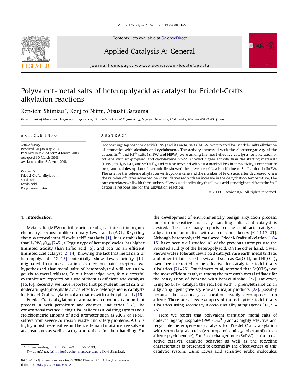 Polyvalent-metal salts of heteropolyacid as catalyst for Friedel-Crafts alkylation reactions