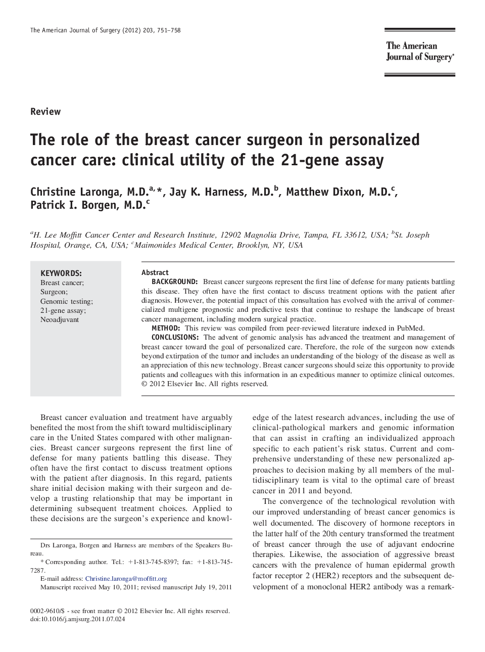 The role of the breast cancer surgeon in personalized cancer care: clinical utility of the 21-gene assay 