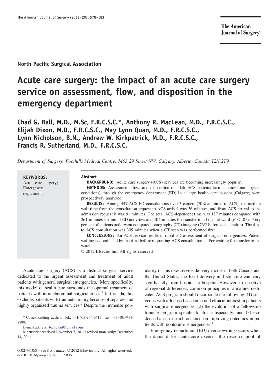 Acute care surgery: the impact of an acute care surgery service on assessment, flow, and disposition in the emergency department