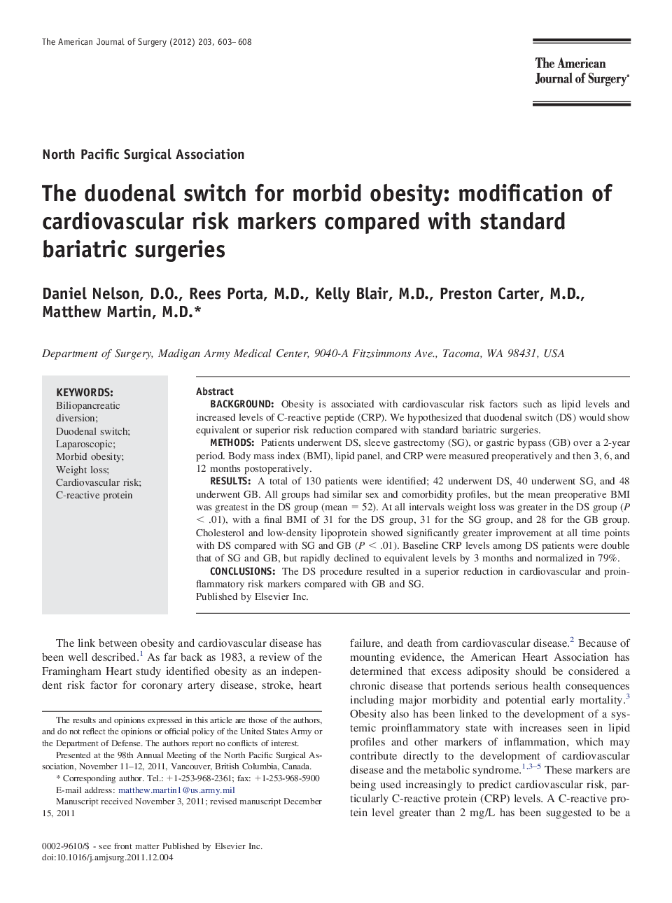 The duodenal switch for morbid obesity: modification of cardiovascular risk markers compared with standard bariatric surgeries 