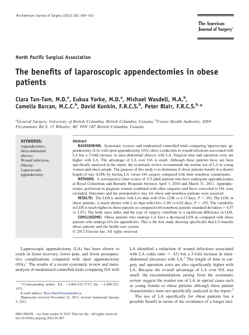 The benefits of laparoscopic appendectomies in obese patients