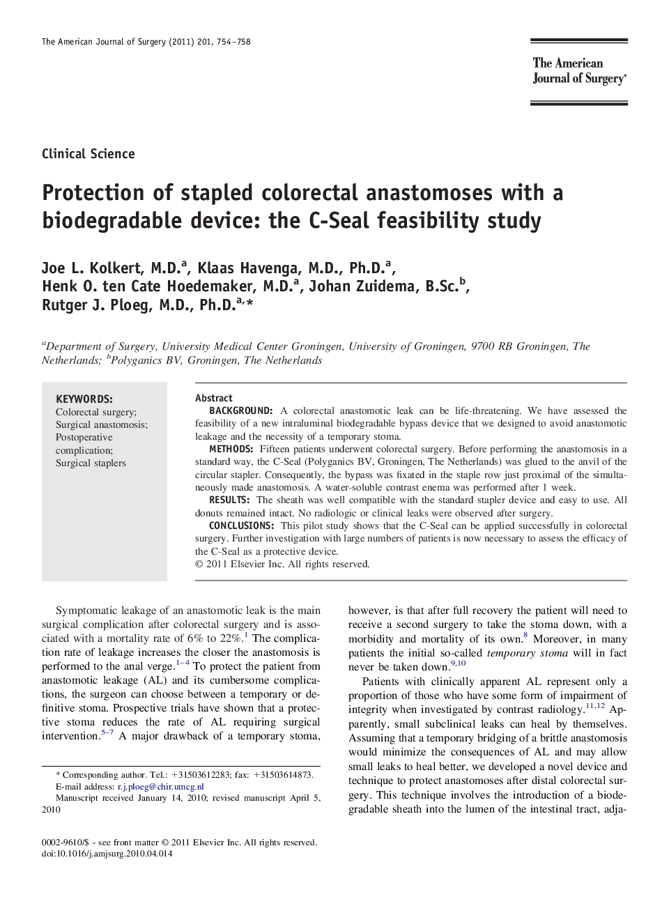 Protection of stapled colorectal anastomoses with a biodegradable device: the C-Seal feasibility study