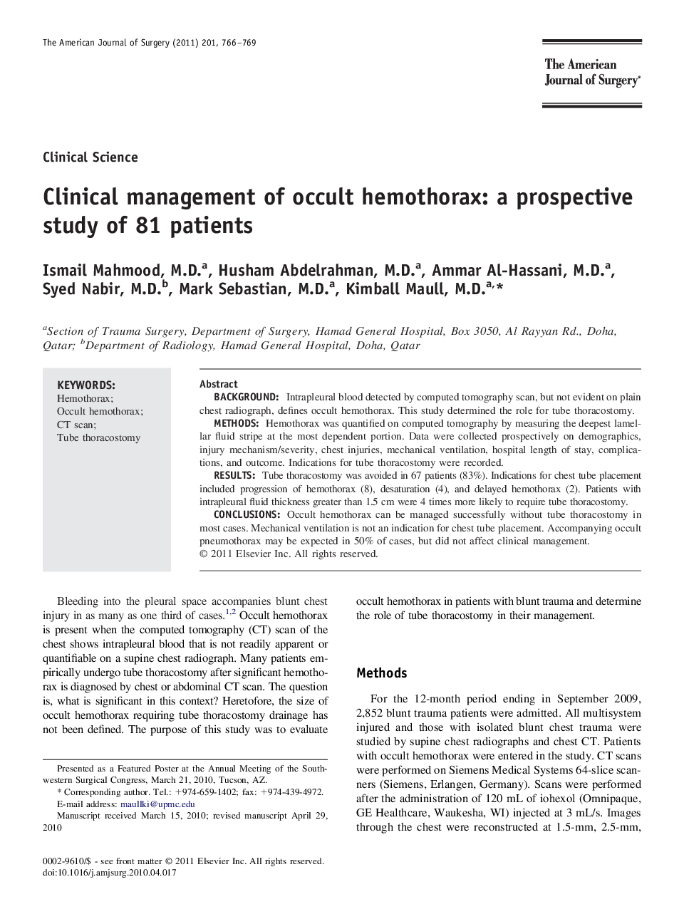 Clinical management of occult hemothorax: a prospective study of 81 patients