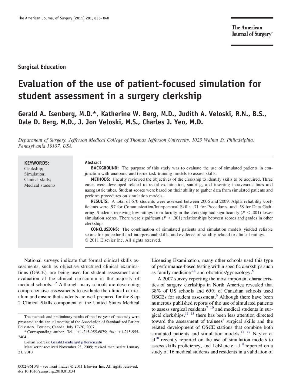 Evaluation of the use of patient-focused simulation for student assessment in a surgery clerkship