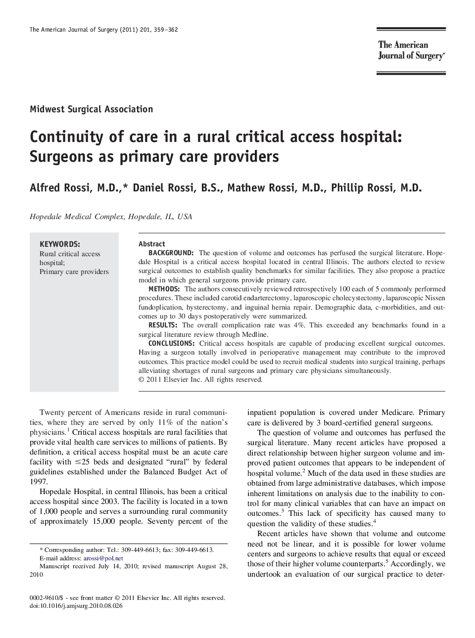 Continuity of care in a rural critical access hospital: Surgeons as primary care providers