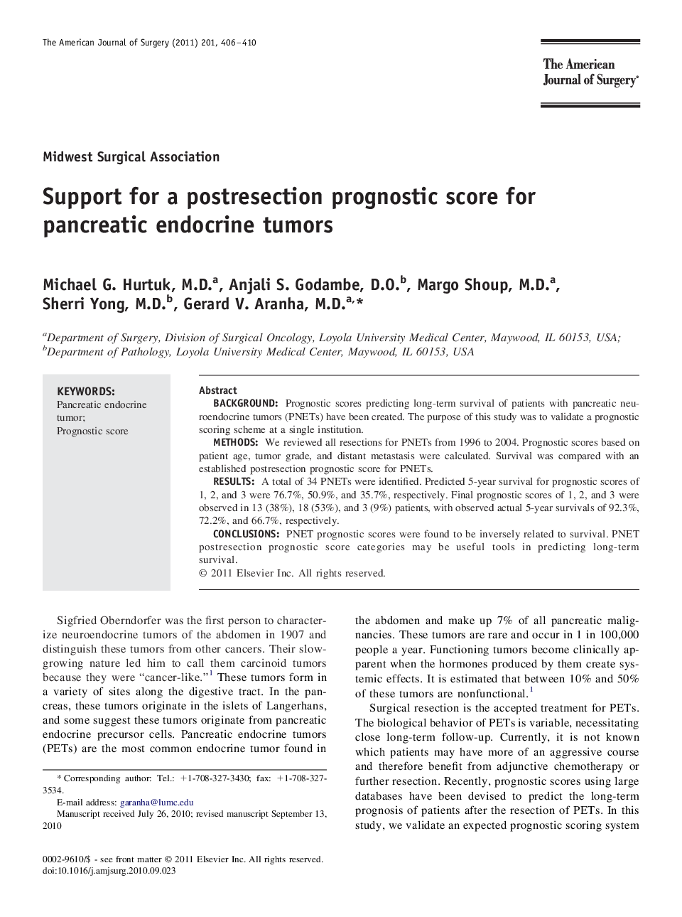 Support for a postresection prognostic score for pancreatic endocrine tumors