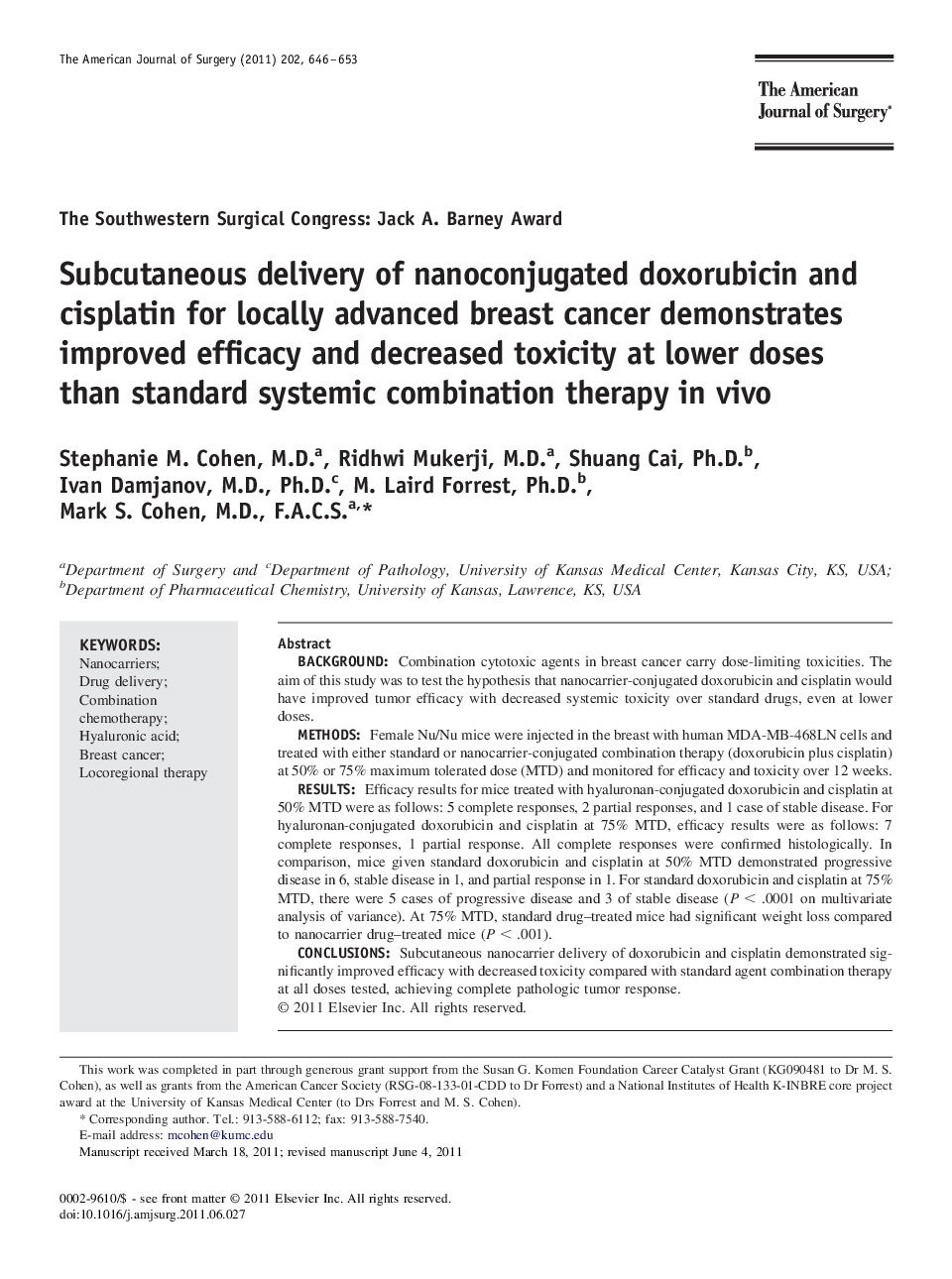 Subcutaneous delivery of nanoconjugated doxorubicin and cisplatin for locally advanced breast cancer demonstrates improved efficacy and decreased toxicity at lower doses than standard systemic combination therapy in vivo 