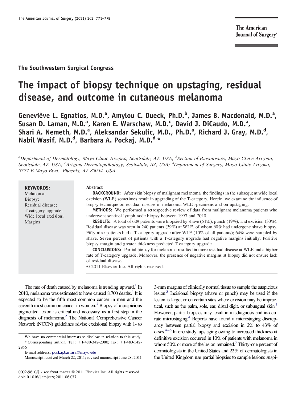 The impact of biopsy technique on upstaging, residual disease, and outcome in cutaneous melanoma 