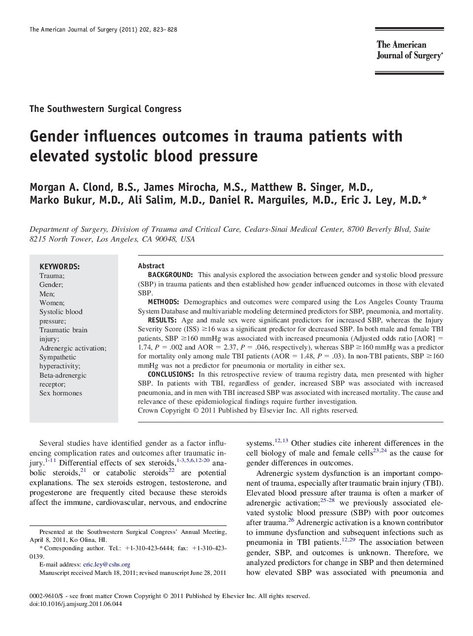 Gender influences outcomes in trauma patients with elevated systolic blood pressure