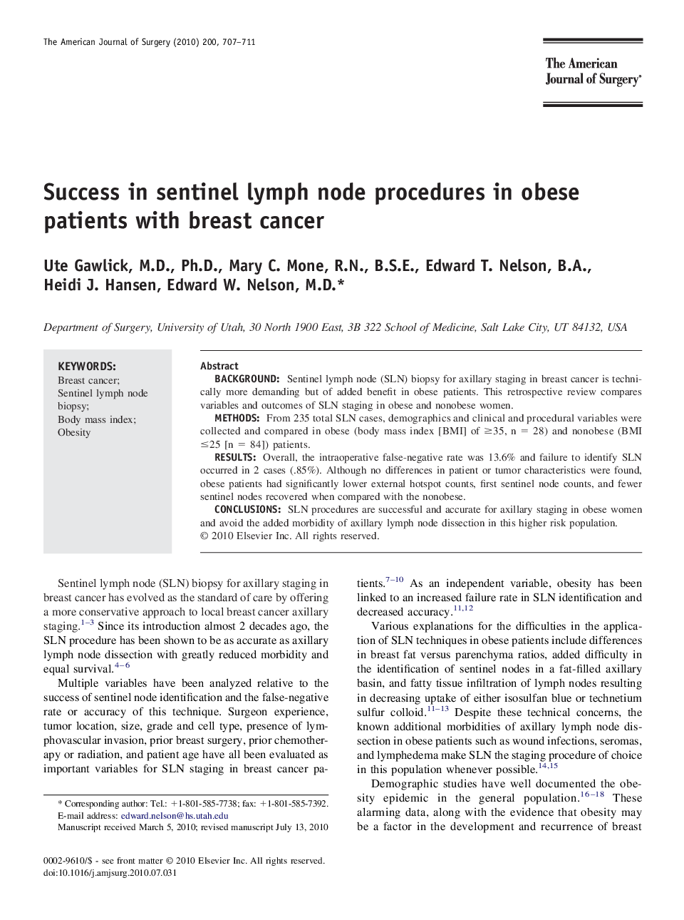 عکس صفحه اول مقاله: Success in sentinel lymph node procedures in obese patients with breast cancer Success in sentinel lymph node procedures in obese patients with breast cancer