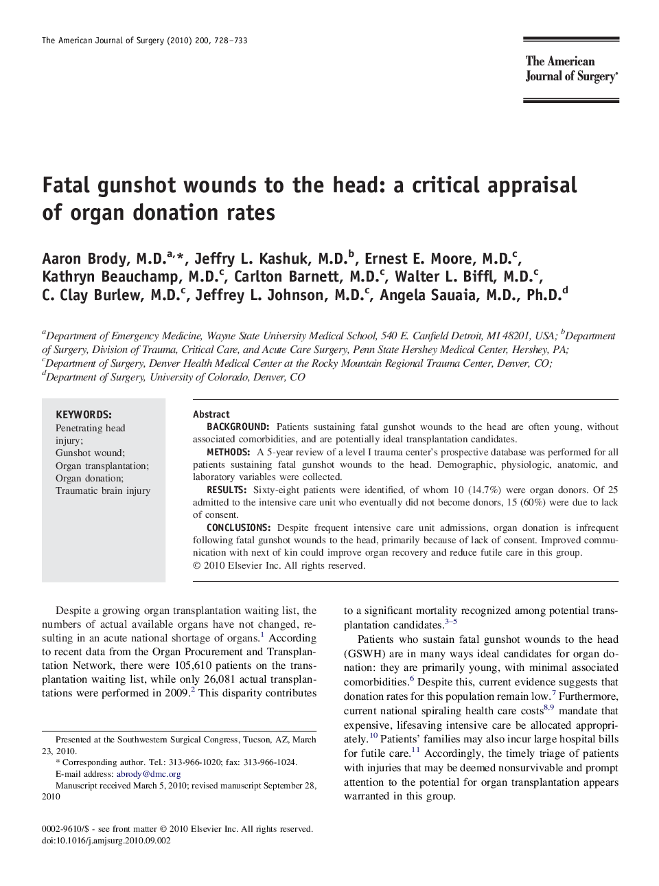 Fatal gunshot wounds to the head: a critical appraisal of organ donation rates