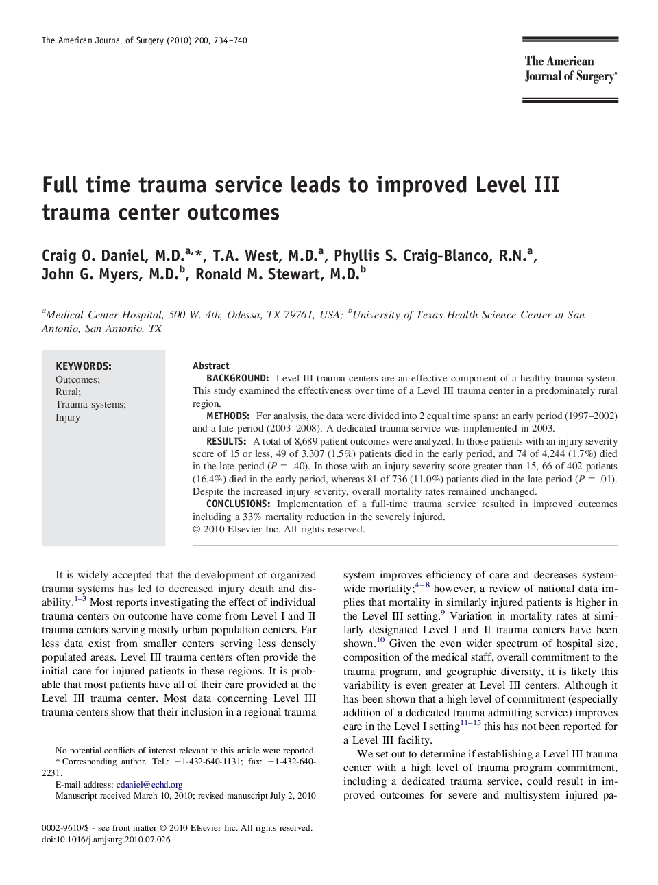 Full time trauma service leads to improved Level III trauma center outcomes 