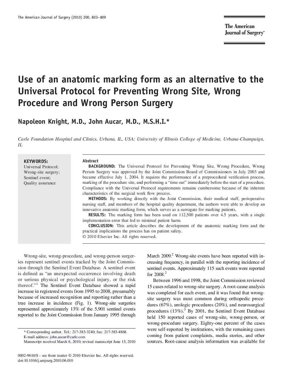 Use of an anatomic marking form as an alternative to the Universal Protocol for Preventing Wrong Site, Wrong Procedure and Wrong Person Surgery