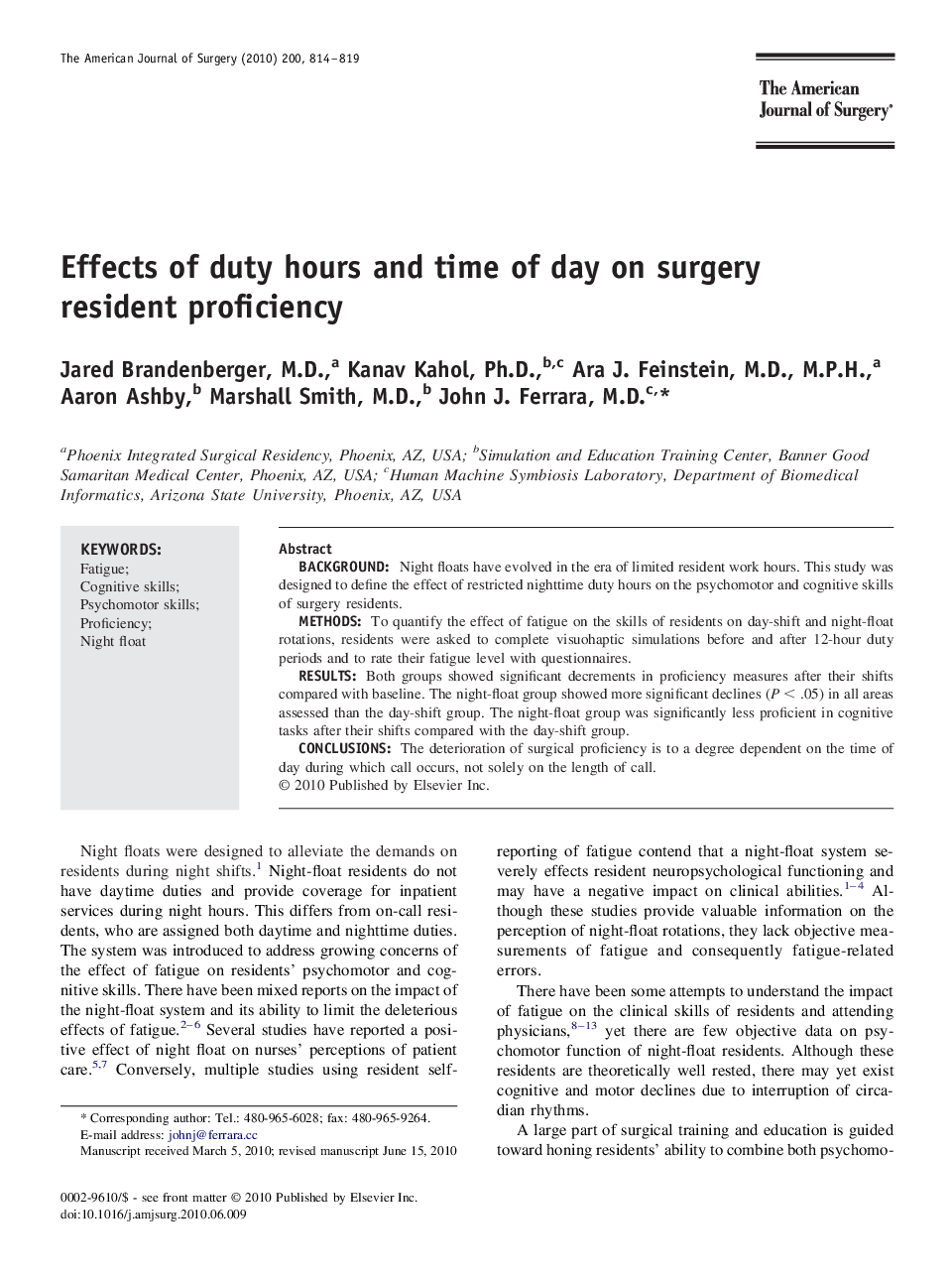 Effects of duty hours and time of day on surgery resident proficiency