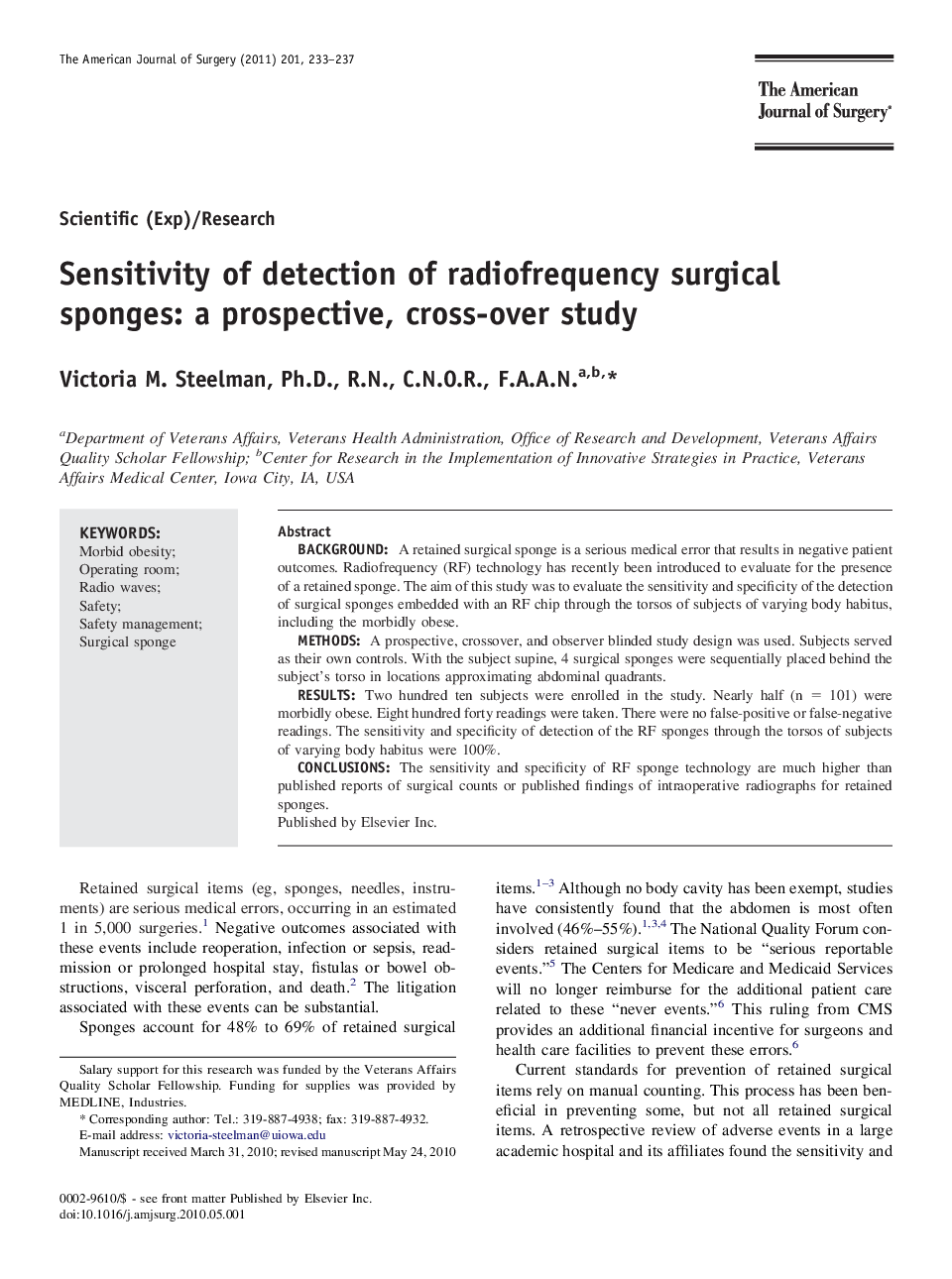 Sensitivity of detection of radiofrequency surgical sponges: a prospective, cross-over study 