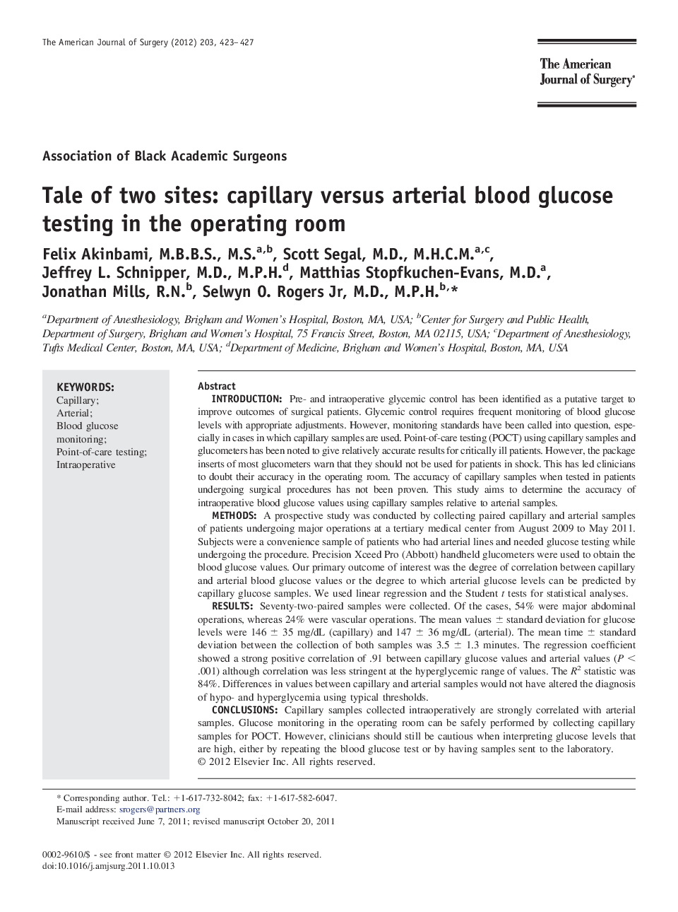 Tale of two sites: capillary versus arterial blood glucose testing in the operating room