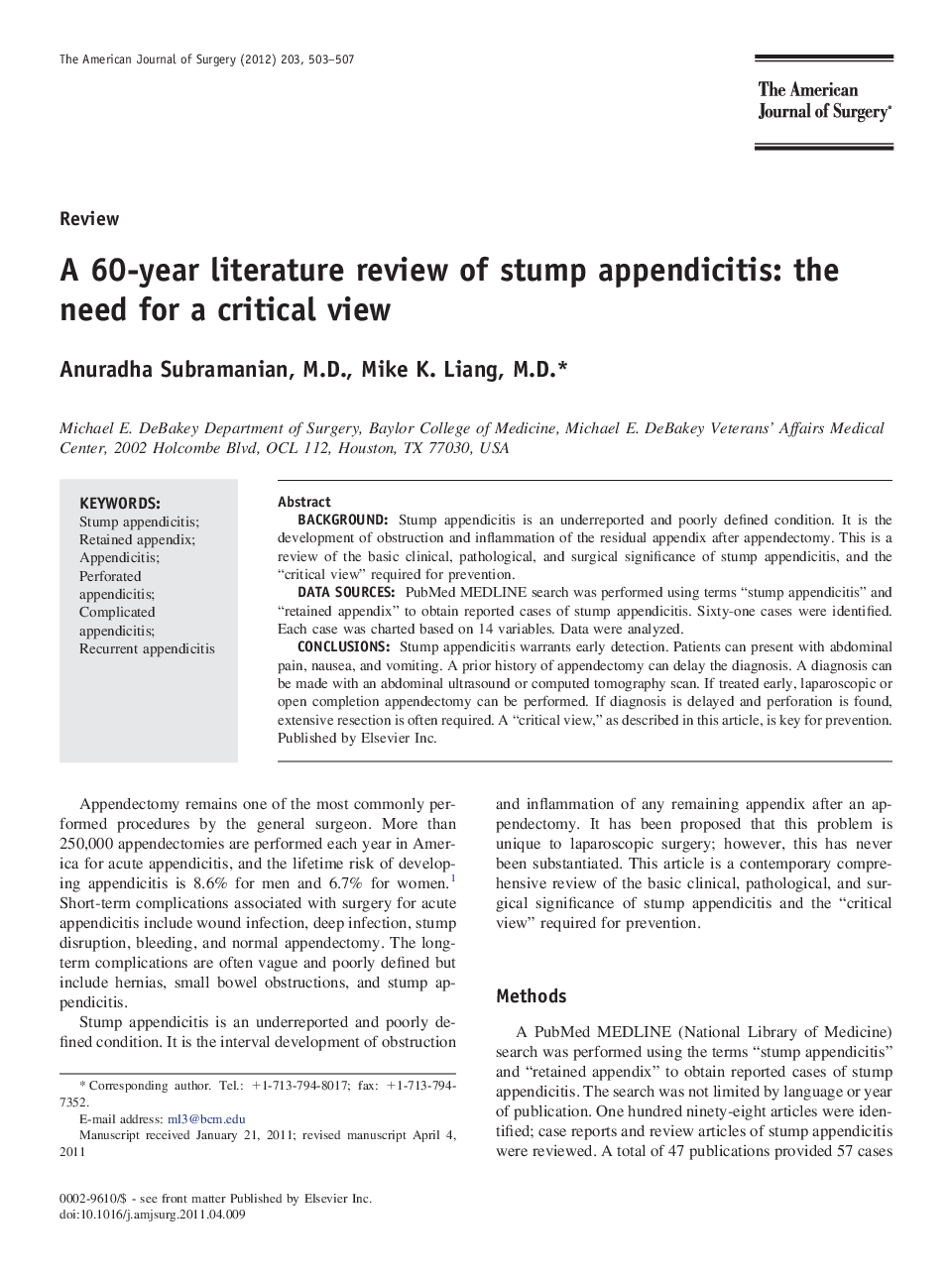 A 60-year literature review of stump appendicitis: the need for a critical view