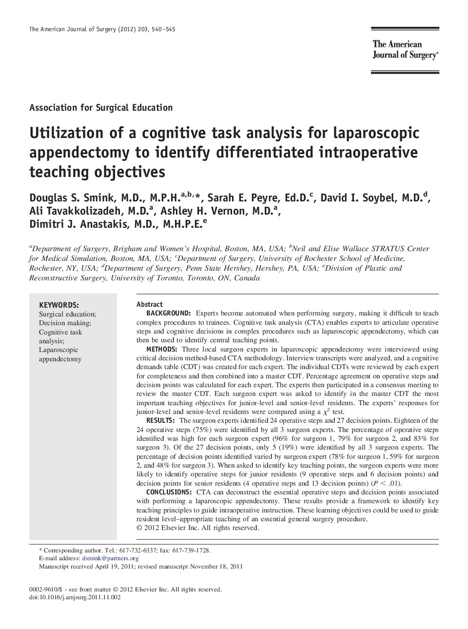 Utilization of a cognitive task analysis for laparoscopic appendectomy to identify differentiated intraoperative teaching objectives