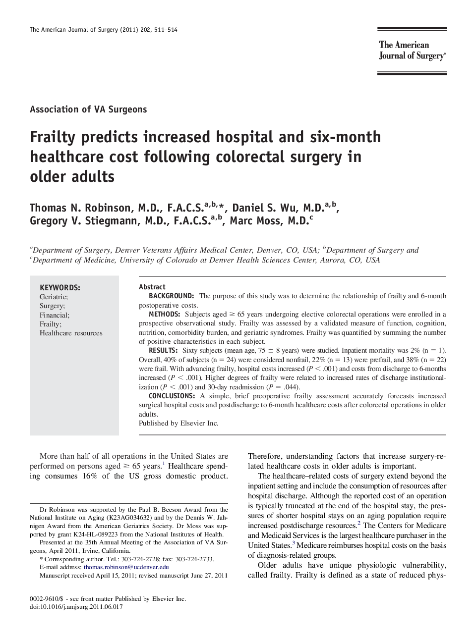 Frailty predicts increased hospital and six-month healthcare cost following colorectal surgery in older adults 