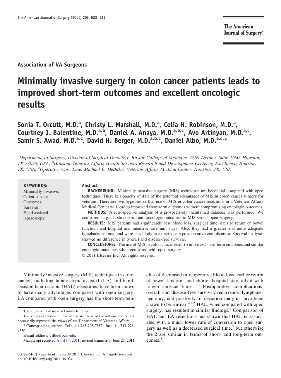 Minimally invasive surgery in colon cancer patients leads to improved short-term outcomes and excellent oncologic results 