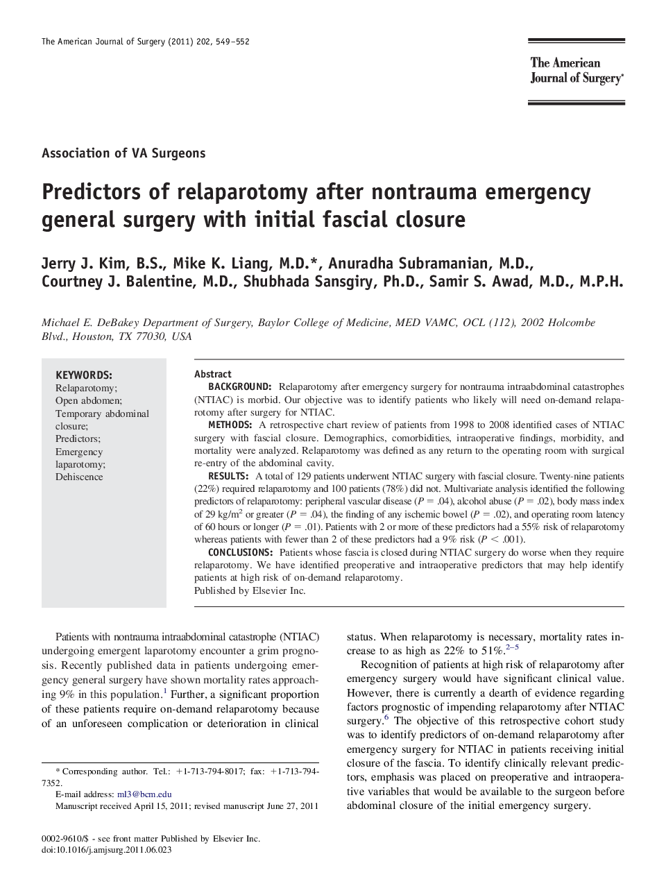 Predictors of relaparotomy after nontrauma emergency general surgery with initial fascial closure