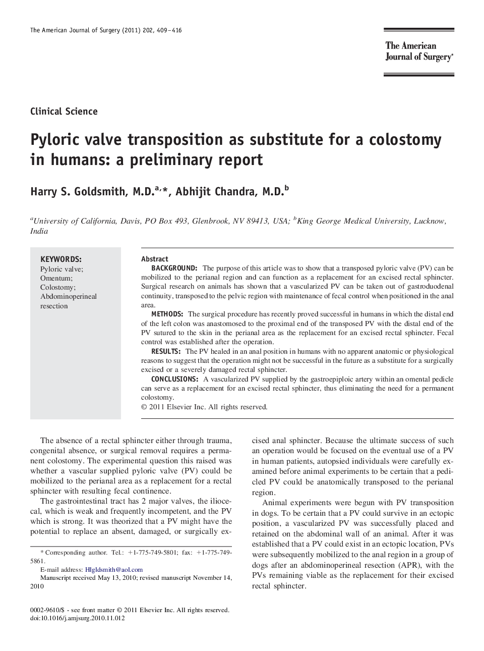 Pyloric valve transposition as substitute for a colostomy in humans: a preliminary report