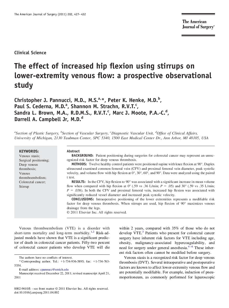 The effect of increased hip flexion using stirrups on lower-extremity venous flow: a prospective observational study 