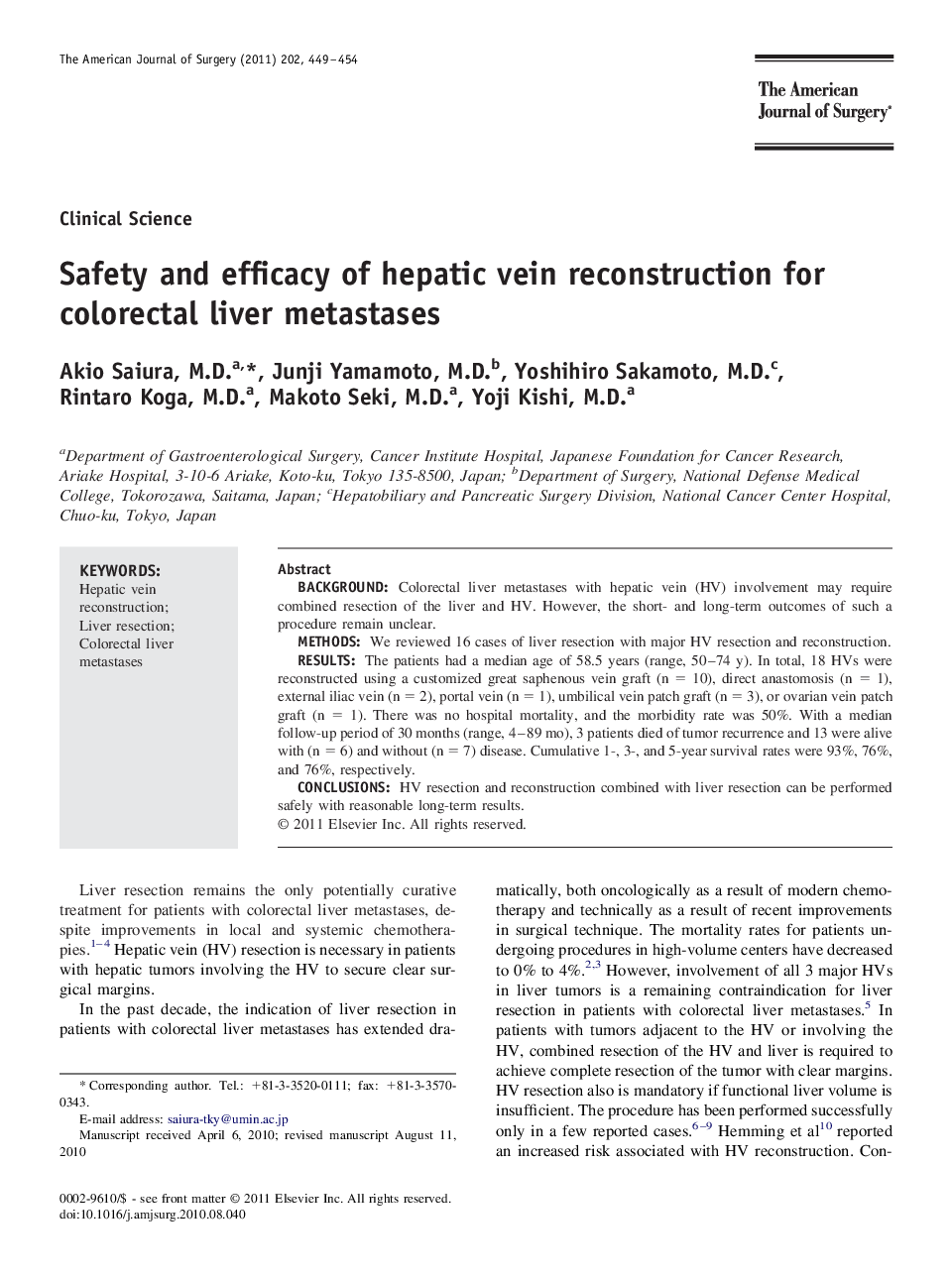 Safety and efficacy of hepatic vein reconstruction for colorectal liver metastases